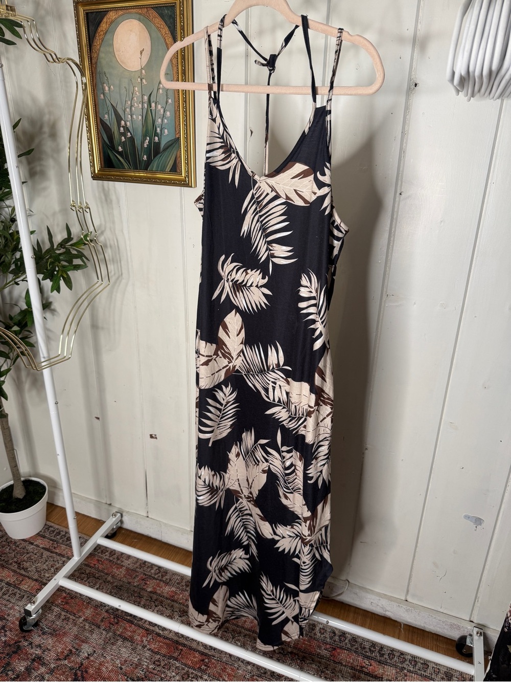 Black Maxi Slip Dress with Beige Tropical Leaf Print